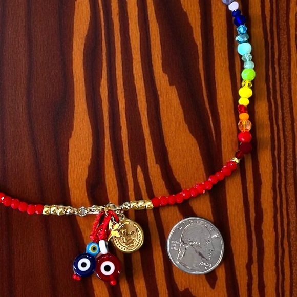 Vibrant Red Hand Beaded Rainbow and Evil Eye Protection Necklace 16” - Picture 7 of 17